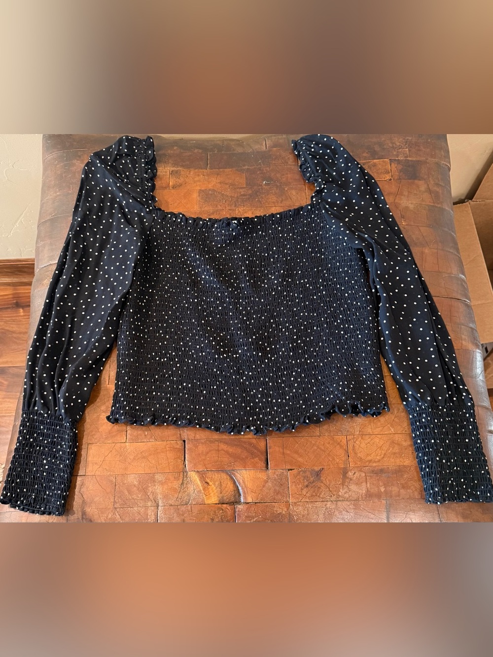 Reformation polka dot smocked square neck top